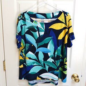 NWT Petite Zac & Rachel Short Sleeve Navy & Gold Leaf Shoulder Detail Blouse-PL